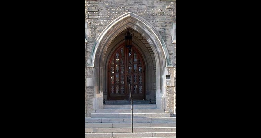 Emmanuel College Victoria University Toronto Ontario - Front door EGD Glass Restoration