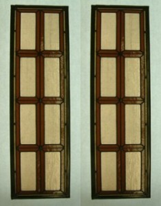 Reclaimed stained glass for sale. Red and beige leaded door panels. EGD Glass.