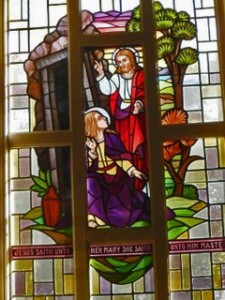Reclaimed stained glass window for sale, Jesus and Mary Magdelene - Jesus Rising from the Dead.